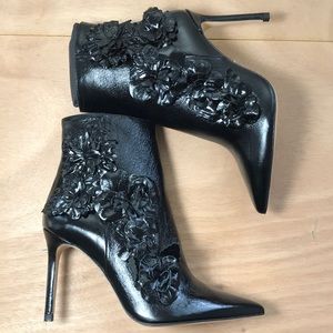 ZARA black leather high heel booties with flower